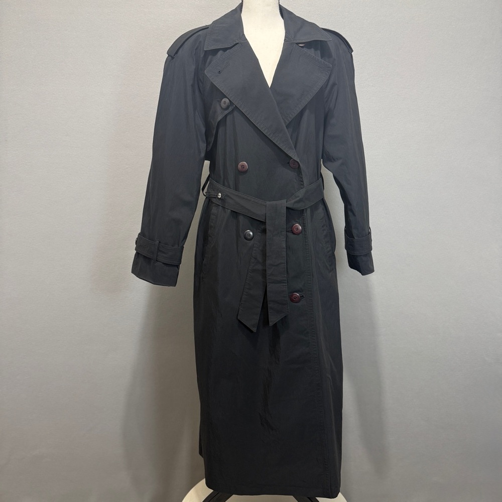Vtg London Fog Womens 8P Black Trench Coat Lined Belted Double Breasted USA Made